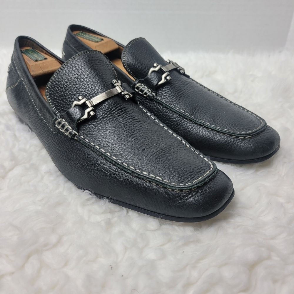 Aston Grey Navarro Black Leather Loafers Size 10.5 Casual Shoes Horsebit Detail